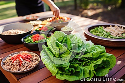preparing turkey lettuce wraps at an outdoor picnic Stock Photo