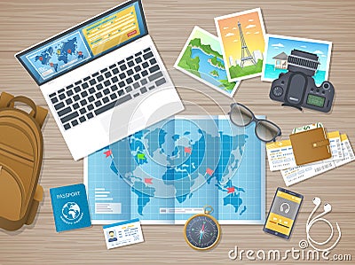 Preparing for vacation, travel, journey. Travel planning, packing check list. Booking hotel. Wooden table with world map, photos Vector Illustration