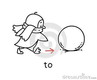 Preposition of movement. Penguin goes to the snow Vector Illustration