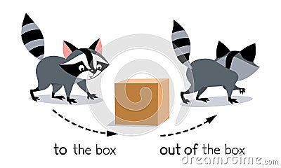 Preposition of movement. Raccoon go to the box and out of the box Vector Illustration