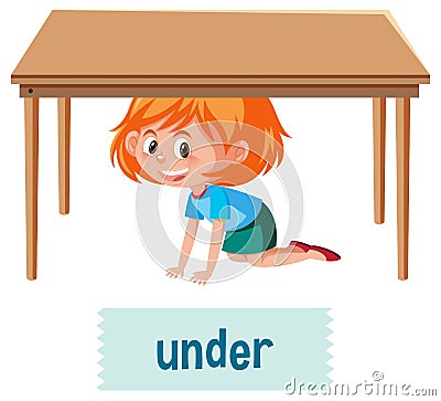 Preposition of place with cartoon girl and a table Vector Illustration