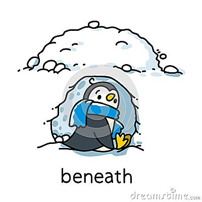 Preposition of place Penguin beneath the snowdrift Vector Illustration