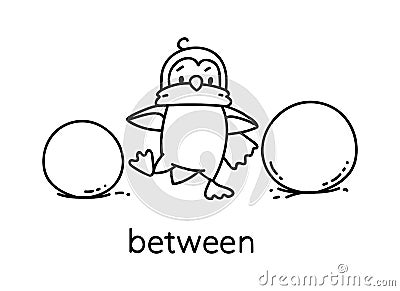 Preposition of place. Penguin goes between snowballs Vector Illustration