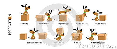 Preposition of place set. Dog and the boxes Vector Illustration