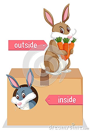 Prepostion wordcard design with bunnies and box Vector Illustration