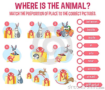 Prepostion wordcard design with bunny and boxes Vector Illustration