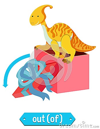 Prepostion wordcard design with dinosaur and box Vector Illustration