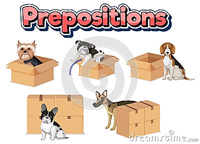 Prepostion wordcard design with dog and boxes Vector Illustration