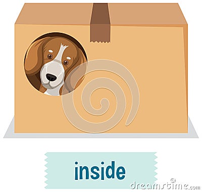 Prepostion wordcard design with dog inside box Vector Illustration