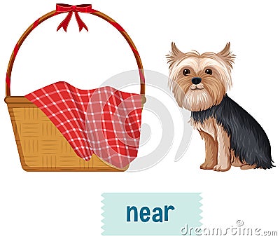 Prepostion wordcard design with dog near basket Vector Illustration