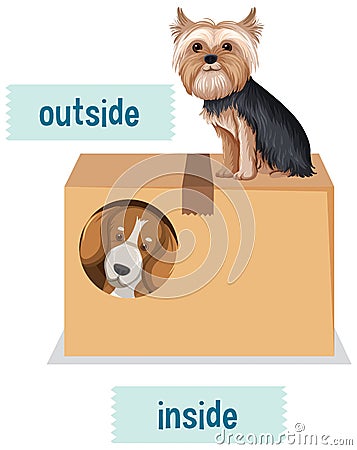 Prepostion wordcard design with dogs and box Vector Illustration