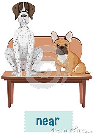 Prepostion wordcard design with dogs on chair Vector Illustration