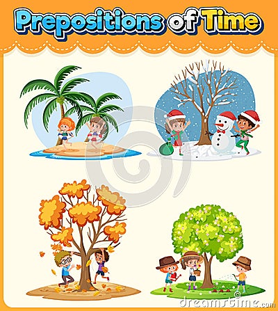 Prepostion wordcard design with four seasons Vector Illustration