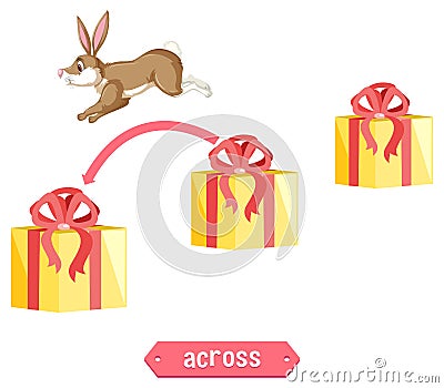 Prepostion wordcard design with rabbit and boxes Vector Illustration