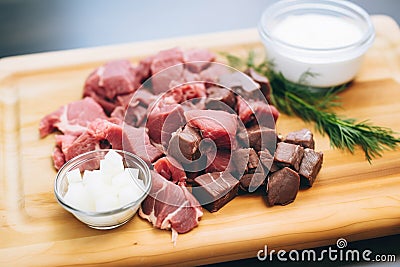 prepped raw beef cubes, mushrooms, onions, and sour cream on a board Stock Photo