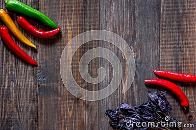 Prepring for cooking dinner. Peper on wooden table background top view copyspace Stock Photo