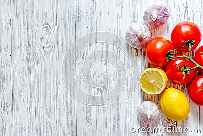 Prepring for cooking dinner. Vegetables on wooden table background top view copyspace Stock Photo