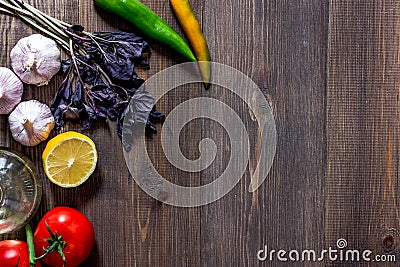 Prepring for cooking dinner. Vegetables on wooden table background top view copyspace Stock Photo