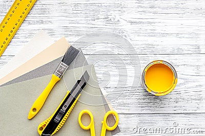Preraring for home repair. Tools on grey wooden desk background top view copyspace Stock Photo