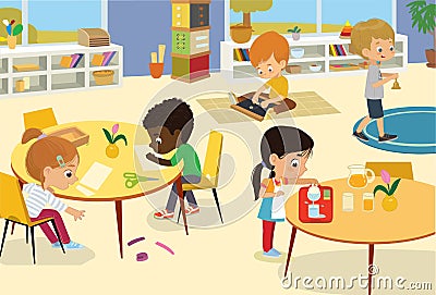 Preschool Class. Illustrations of children in the playroom, boys and girls involved in activities, sew, make a collage Vector Illustration