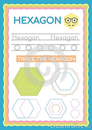 Preschool Colorful Hexagon Shape, Tracing and writing daily printable A4 practice worksheet - vector illustration exercise for Vector Illustration