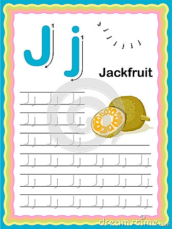 Preschool Colorful letter J Uppercase and Lowercase Tracing alphabets start with Vegetables and fruits daily writing practice Vector Illustration