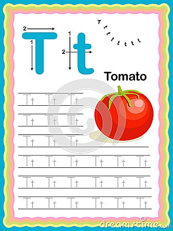 Preschool Colorful letter T Uppercase and Lowercase Tracing alphabets start with Vegetables and fruits daily writing practice Vector Illustration