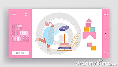 Preschool Development and Activity Website Landing Page. Adult Woman Building Stack Up Ring Pyramid Toy Vector Illustration