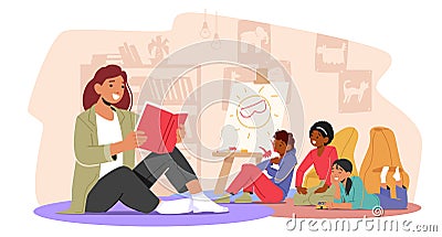 Preschool Development, Children Primary Education Concept. Kindergarten Teacher Or Babysitter Character Reading To Kids Vector Illustration