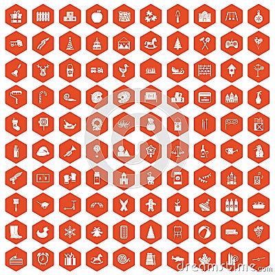 100 preschool education icons hexagon orange Vector Illustration