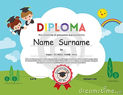 Preschool Elementary school Kids Diploma certificate background Vector Illustration