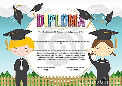 Preschool Elementary School Kids Diploma Certificate. Vector Illustration