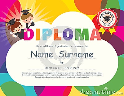 Preschool Elementary school Kids Diploma certificate design template Vector Illustration