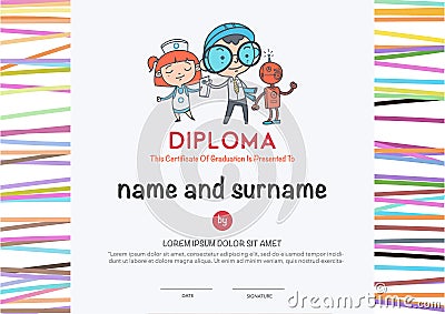 Preschool Elementary school Kids Diploma . Vector Illustration