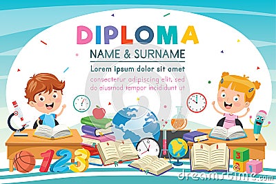 Preschool Elementary School Kids Diploma Certificate Vector Illustration