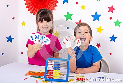 Preschool and elementary school learn english alphabet, colors, shapes. Stock Photo