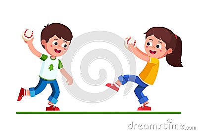 Preschool girl and boy playing with baseball game Vector Illustration