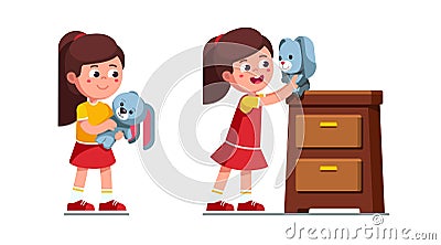 Preschool girl kid playing with soft toy rabbit Vector Illustration