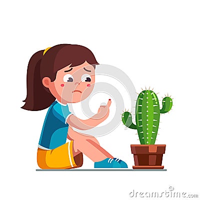 Preschool girl kid pricked finger on cactus thorn Vector Illustration