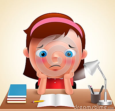 Preschool girl kid vector character bored studying school homework Vector Illustration