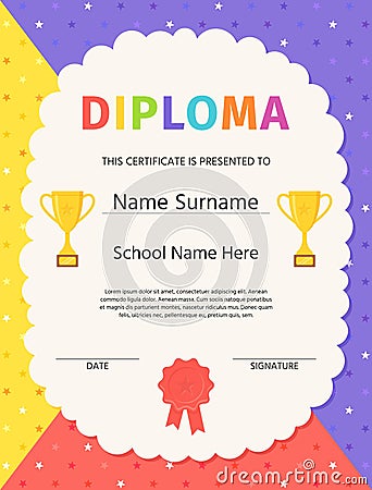 Preschool graduation diploma. Kid certificate. Vector illustration Cartoon Illustration