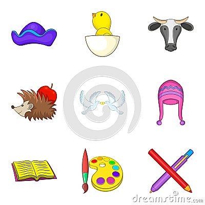 Preschool icons set, cartoon style Vector Illustration