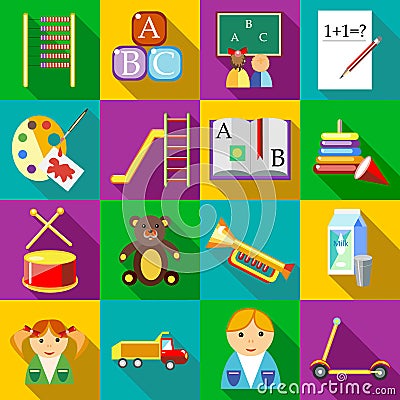 Preschool icons set, flat style Vector Illustration