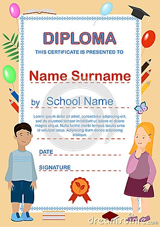 Preschool Kids Diploma. Cartoon certificate template with kids, balloons, pencils, books. Primary school, preschool education. Vector Illustration