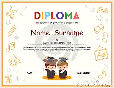 Preschool Kids Diploma certificate design template Vector Illustration