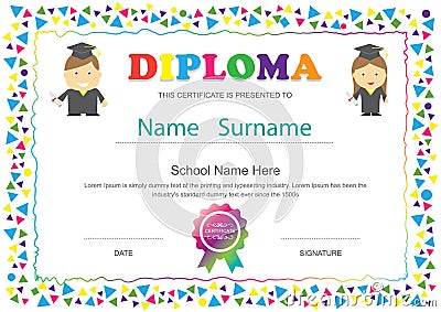 Preschool kids diploma certificate elementary school design temp Vector Illustration