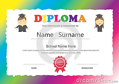 Preschool kids elementary school diploma certificate design Vector Illustration