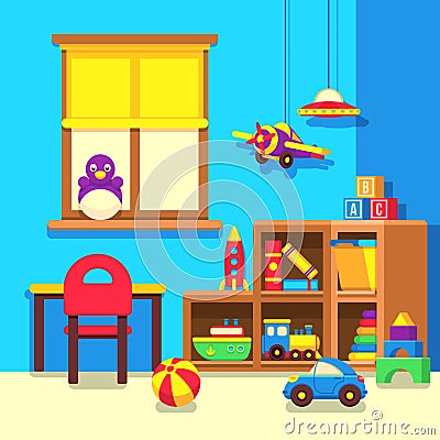 Preschool kindergarten classroom with toys cartoon vector illustration Vector Illustration