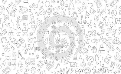 Preschool kindergarten doodle line seamless pattern. Cute daycare hand drawn elements. Vector Illustration