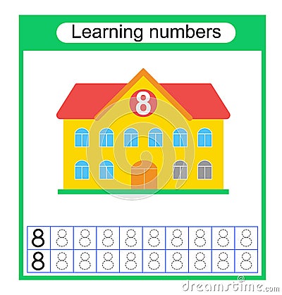 Preschool worksheet activity. Tracing dashed lines. Number 8. Vector Vector Illustration